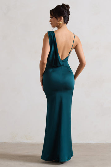 Wistful Dark Green Satin Asymmetric Cowl-Neck Maxi Dress